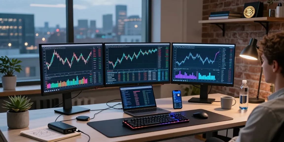Edimakor Video Editor in moderner Krypto-Handelsumgebung mit Blockchain-Diagrammen und digitalen Wallets