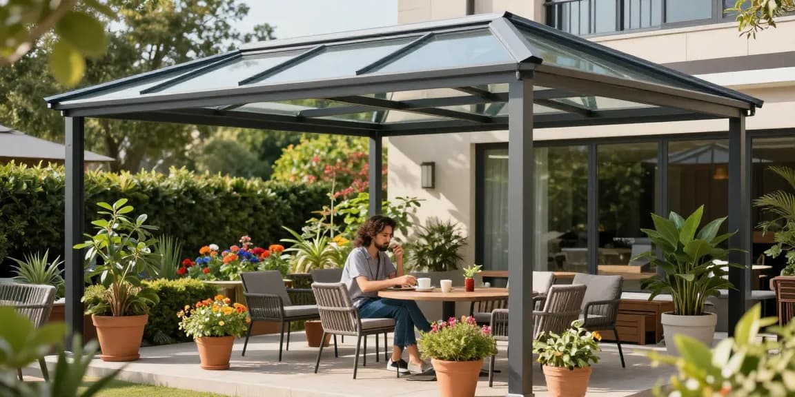 Stilvolle Terrassenüberdachung mit Glasdach, Pflanzen und entspannter Atmosphäre