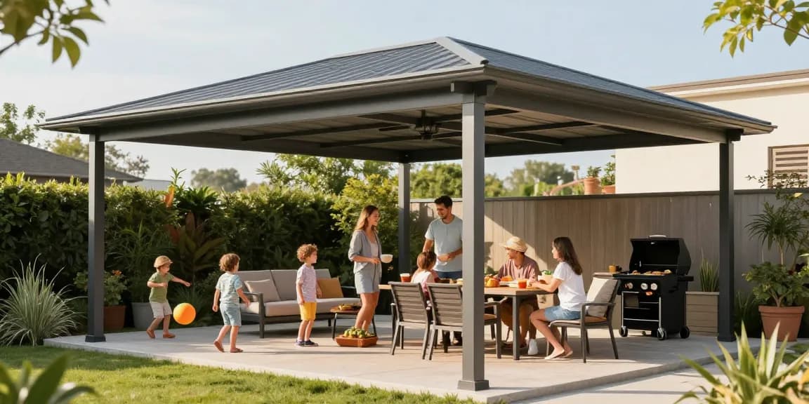 Moderne Terrassenüberdachungen in einer Gartenlandschaft, Familie genießt sonnigen Nachmittag.
