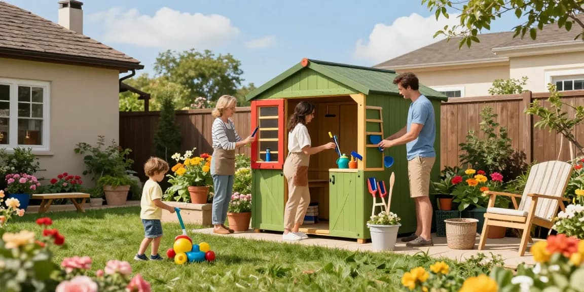 Gartenhaus kaufen in einem schönen Garten mit einer Familie, die ihr neues Gartenhaus einrichtet.