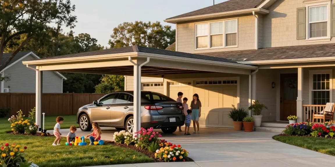 Schönes Carport schützt das Familienauto in einem einladenden Garten.